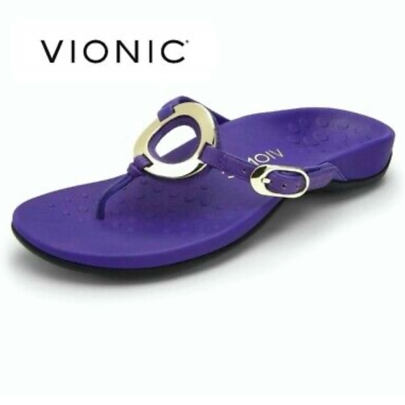 Vionic Shoes - VIONIC KARINA PURPLE LEATHER ORTHOTIC TOE POST FLIP FLOPS SIZE 10